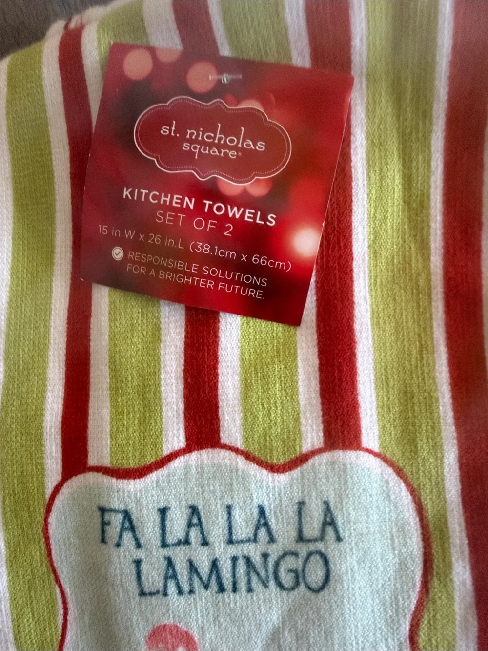 NWT St. Nicholas Square Lime Green, Red & Pink Flamingo Kitchen Towels, set of 2